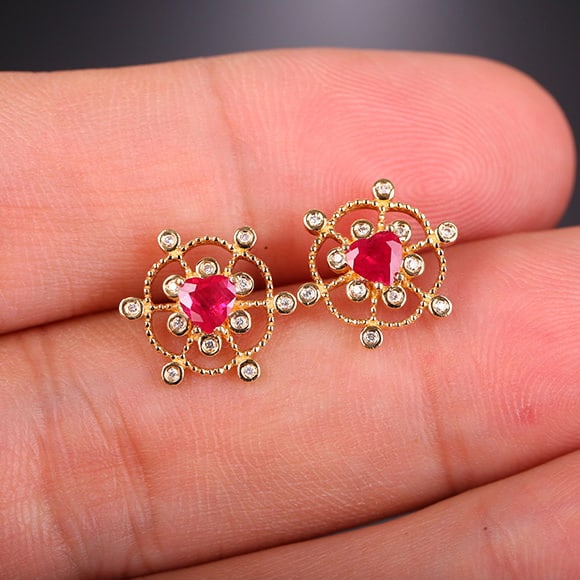 14k Gold 0.57 Ctw Natural Ruby & Diamond Earrings - 6