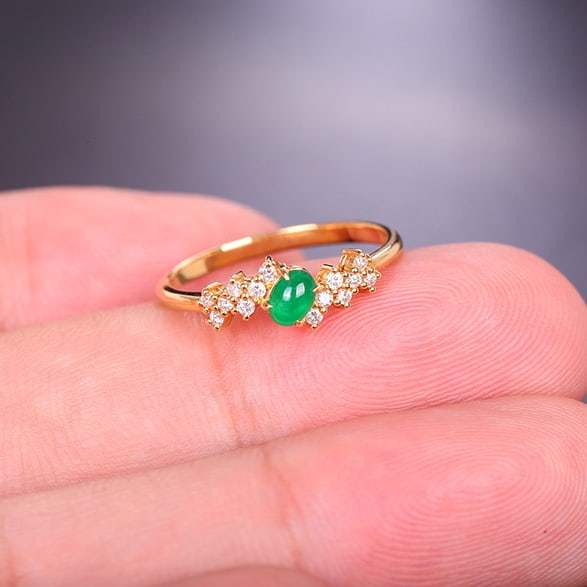 14k Gold 0.33 Ctw Vivid Green Natural Emerald & Diamond Ring - 7