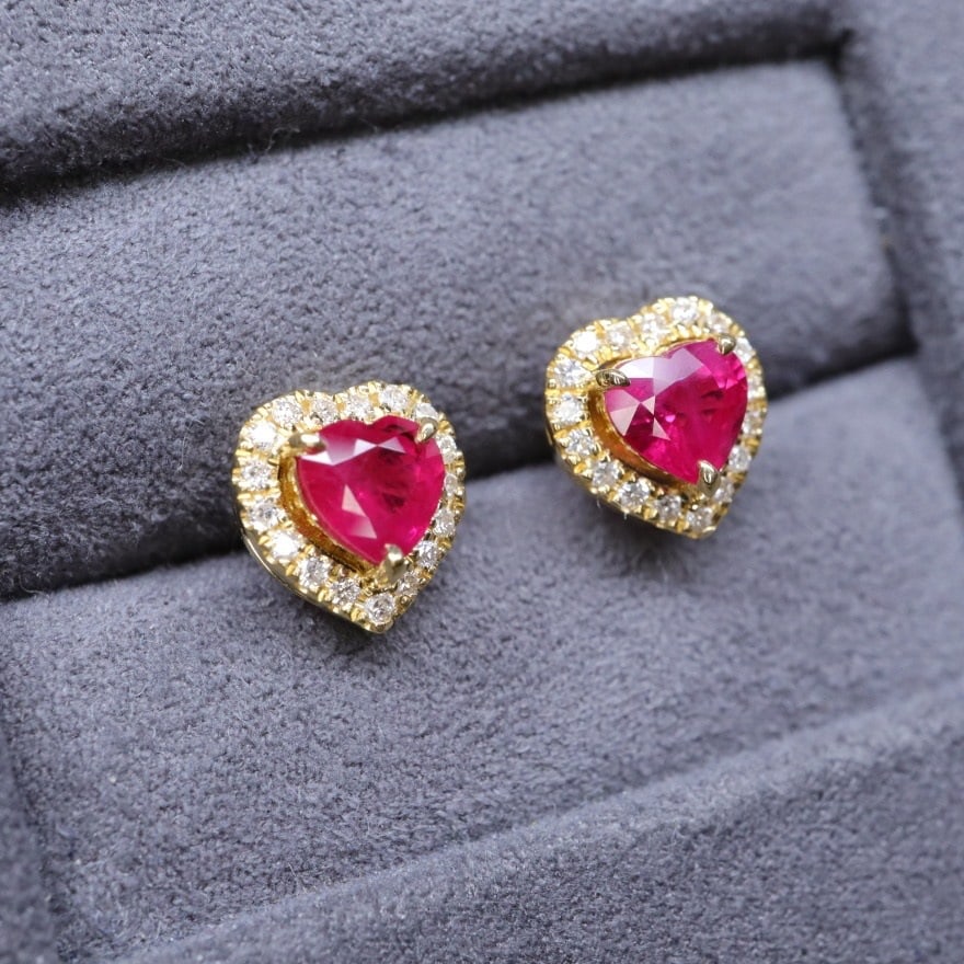 14k Gold 0.70 Ctw Natural Ruby & Diamond Earrings - 2