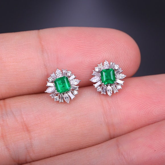 14k Gold 1.26 Ctw Vivid Green Natural Emerald & Diamond Earrings - 6
