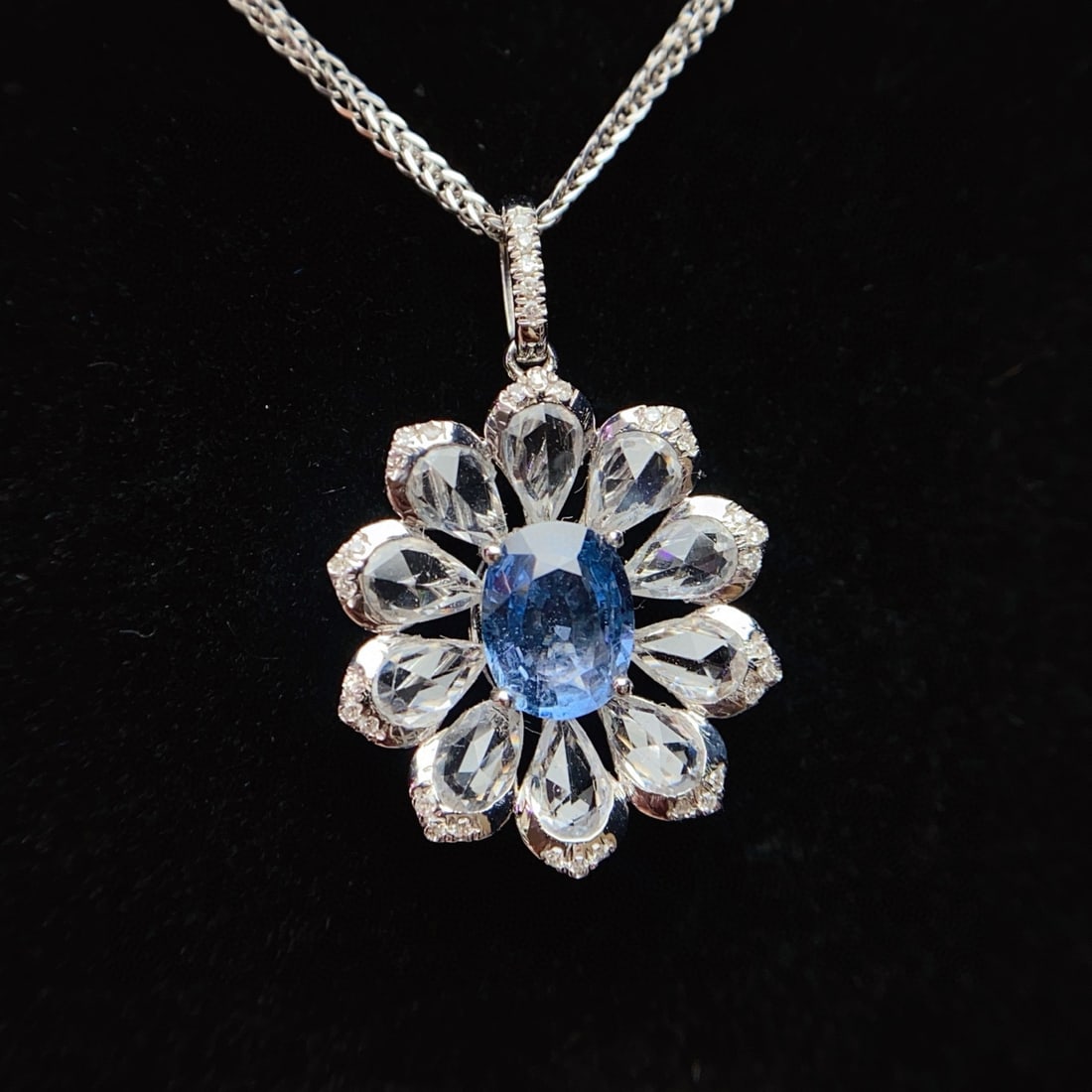 14k Gold 1.35 Ct Natural Sapphire & Diamond & Sapphire Pendant( Without Chain ): Ref:230974433 // gold content:14k gold // main gemstone:sapphire // shape:oval // carat weight:1. 35ct // color:blue // treatment:natural // // adjacent gemstone 2 : diamond // number of stones:35 // 
