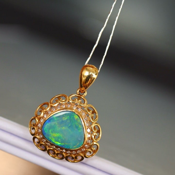 14k Gold 1.72 Ct Natural Opal & Diamond Pendant( Without Chain ) - 2