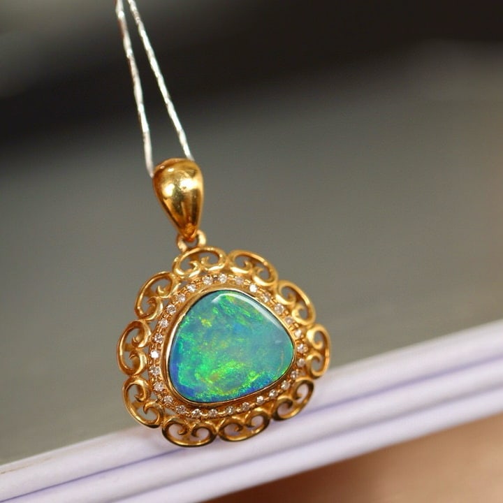 14k Gold 1.72 Ct Natural Opal & Diamond Pendant( Without Chain ) - 3