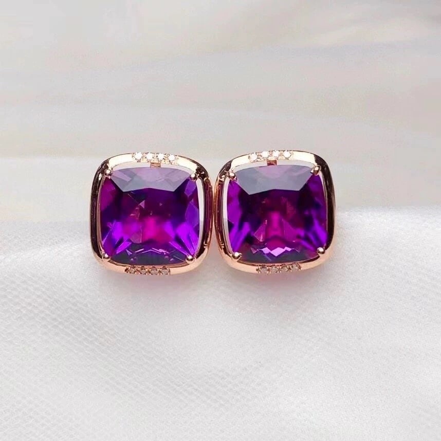 14k Gold 8.6 Ct Natural Amethyst & Diamond Earrings - 2