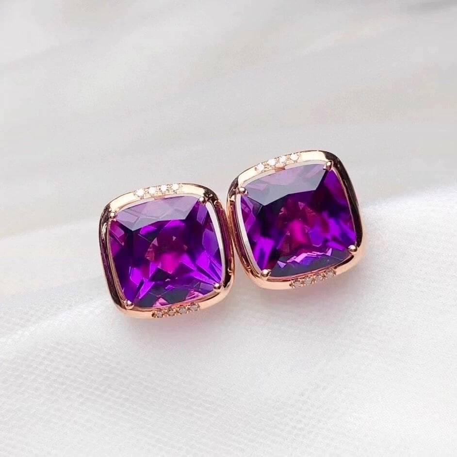 14k Gold 8.6 Ct Natural Amethyst & Diamond Earrings - 4