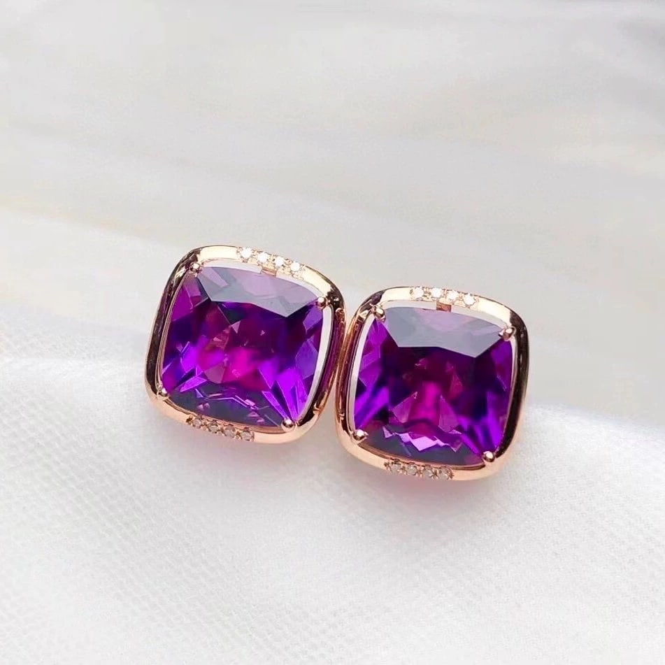 14k Gold 8.6 Ct Natural Amethyst & Diamond Earrings - 5