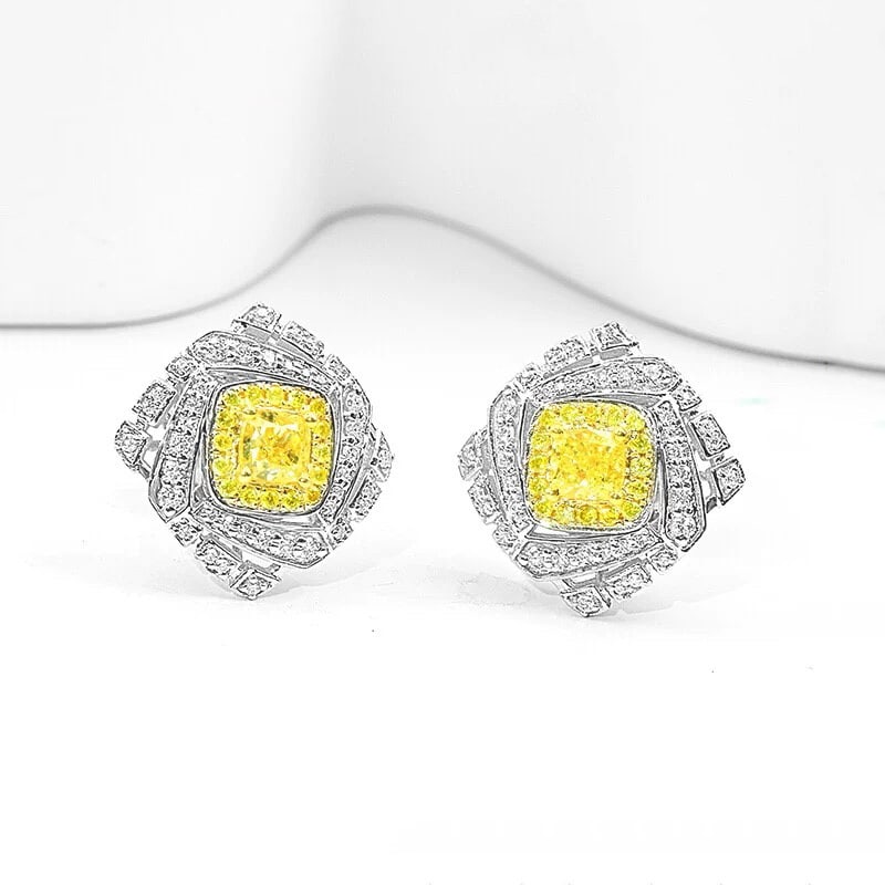 14k Gold 1.07 Ctw Natural Yellow Diamond & Diamond Earrings: Ref:230975009 // gold content:14k gold // main gemstone:yellow diamond // shape:cushion // carat weight:0. 66ct // color:yellow // treatment:natural // // adjacent gemstone 2 : diamond // shape:round