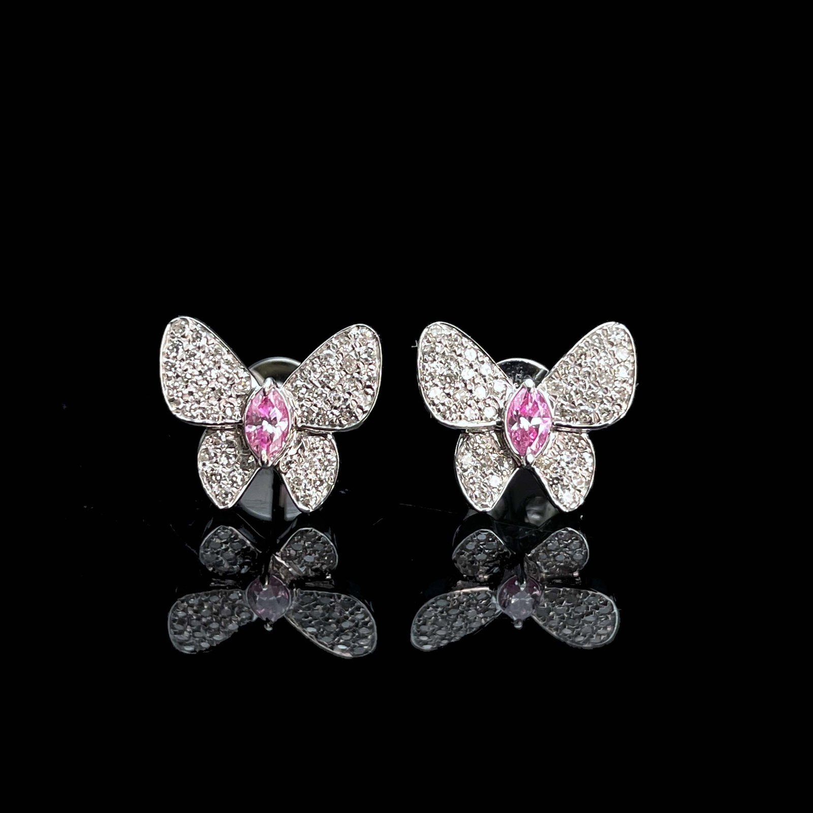 14k Gold 0.30 Ctw Natural Pink Diamond & Diamond & Butterfly Earrings: Ref:230975014 // gold content:14k gold // main gemstone:pink diamond // shape:marquise // carat weight:0. 10ct // color:pink // treatment:natural // // adjacent gemstone 2 : diamond // shape:round // 