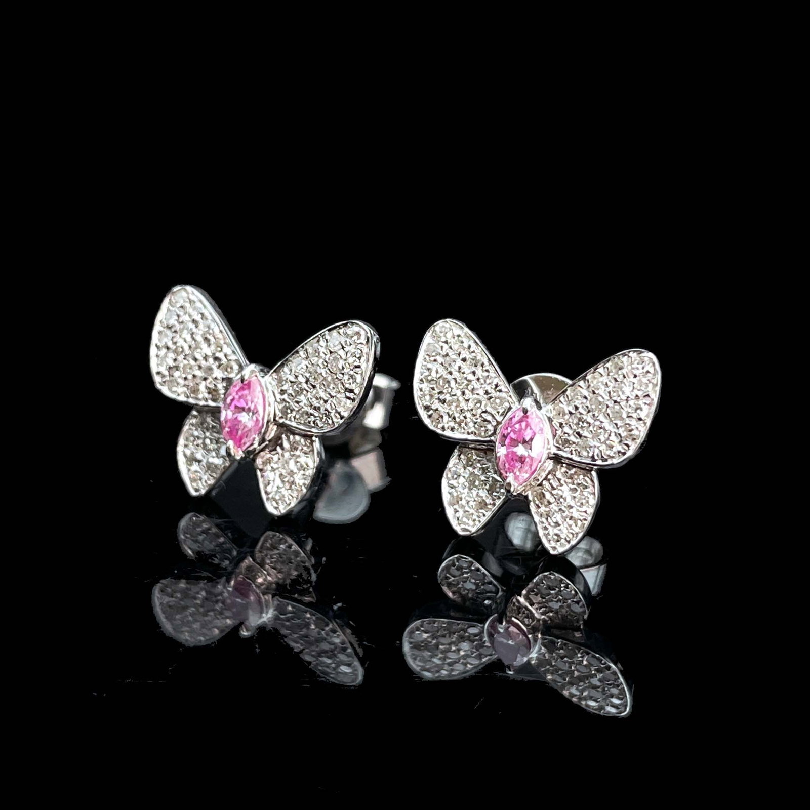 14k Gold 0.30 Ctw Natural Pink Diamond & Diamond & Butterfly Earrings - 2