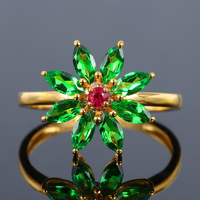 14k Gold 1.01 Ctw Vivid Green Natural Tsavorite & Diamond Ring: Ref:230975020 // gold content:14k gold // ring size:7. 25us // // main gemstone:tsavorite // shape:marquise // carat weight:0. 99ct // color:vivid green // treatment:natural // // adjacent gemstone 2