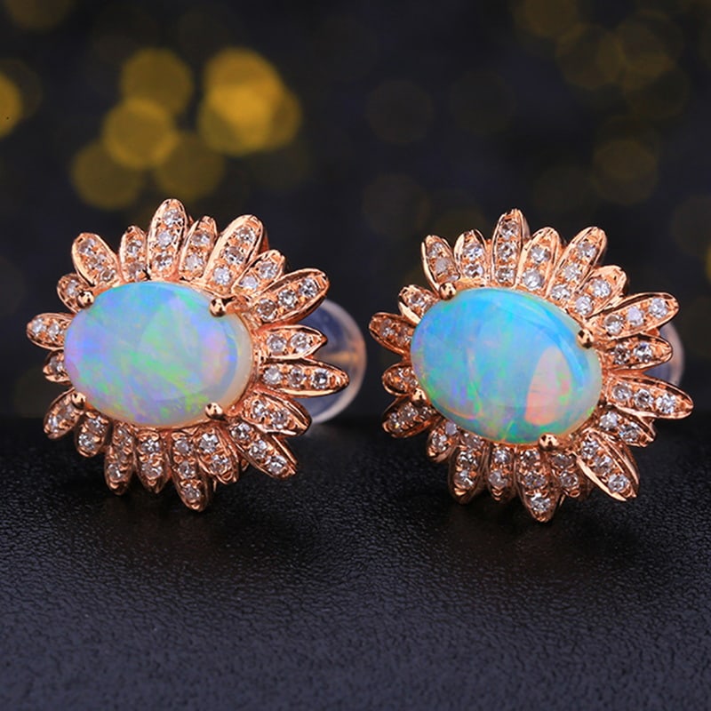 14k Gold 1.45 Ct Natural Opal & Diamond Earrings - 2