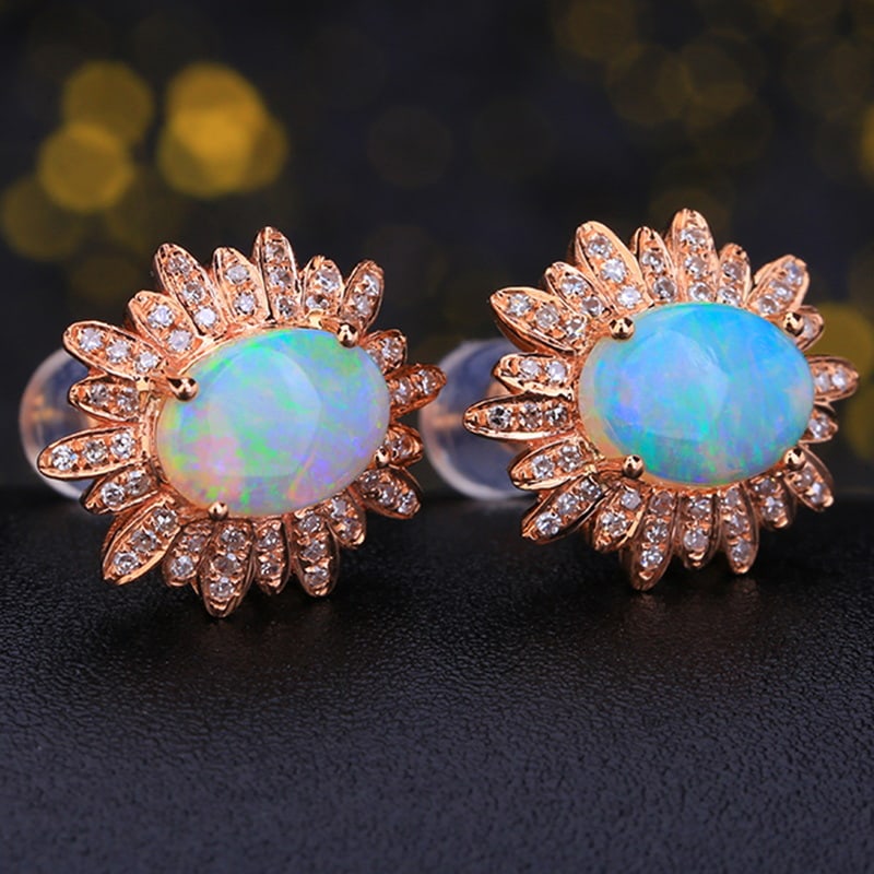 14k Gold 1.45 Ct Natural Opal & Diamond Earrings - 3
