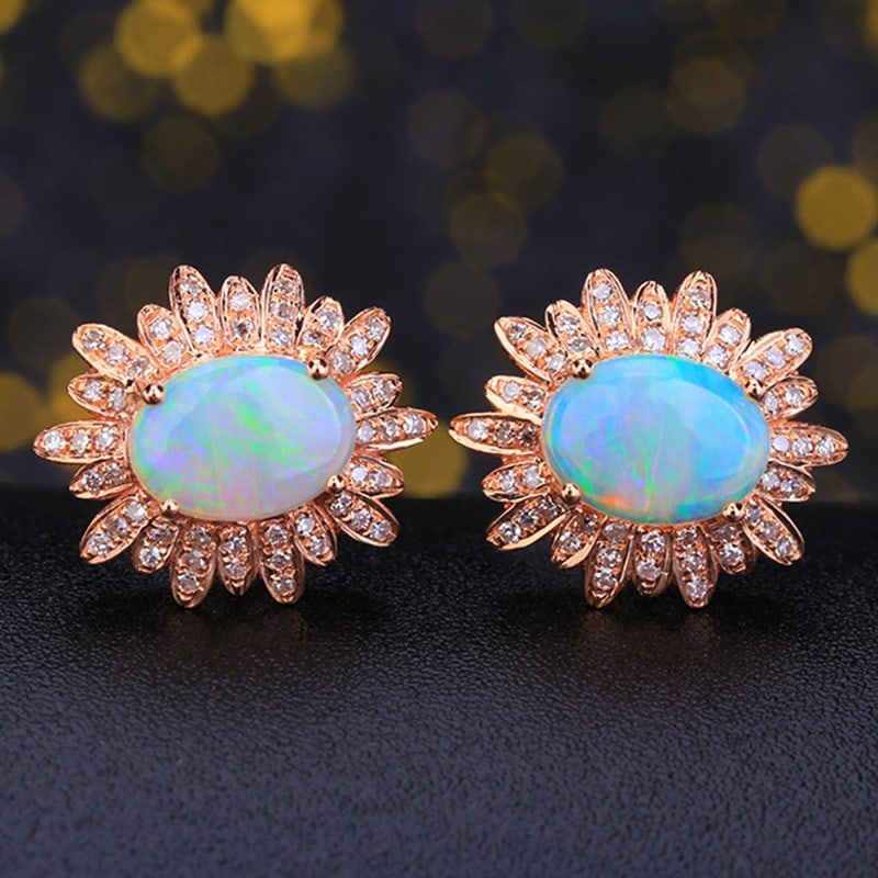 14k Gold 1.45 Ct Natural Opal & Diamond Earrings - 4