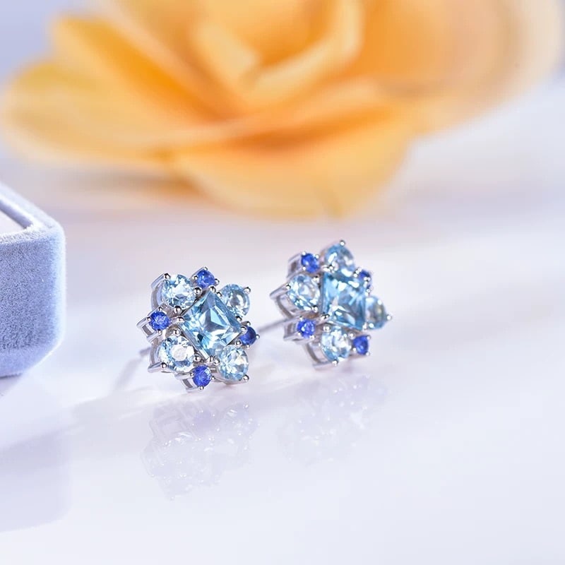 14k Gold 2.99 Ct Natural Aquamarine & Sapphire Earrings - 2