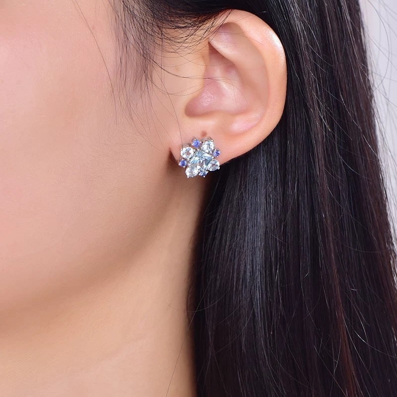 14k Gold 2.99 Ct Natural Aquamarine & Sapphire Earrings - 4