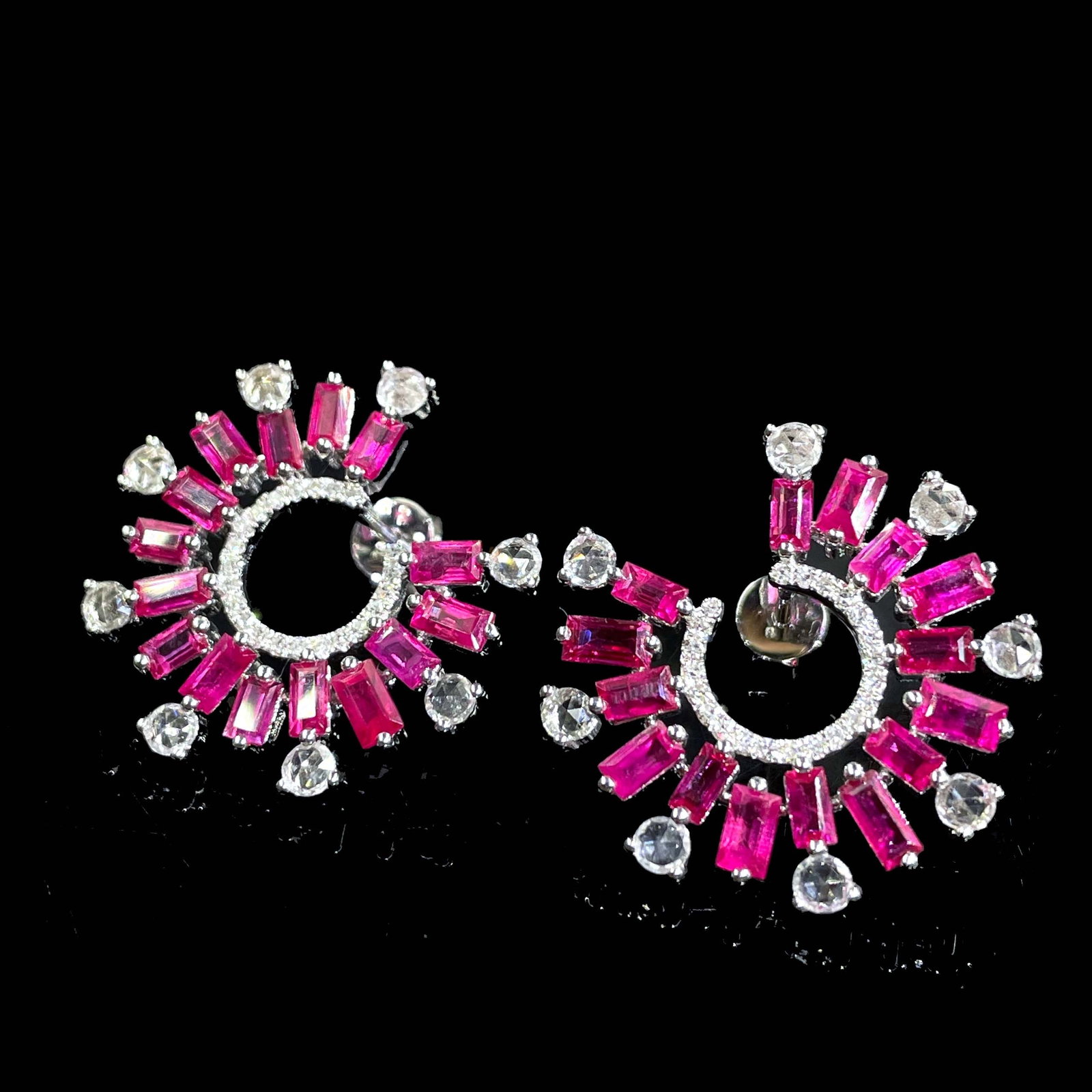 14k Gold 3.25 Ctw Natural Ruby & Diamond Earrings: Ref:230975064 // gold content:14k gold // main gemstone:ruby // shape:rectangle // carat weight:3ct // color:red // treatment:natural // // adjacent gemstone 2 : diamond // shape:round // carat