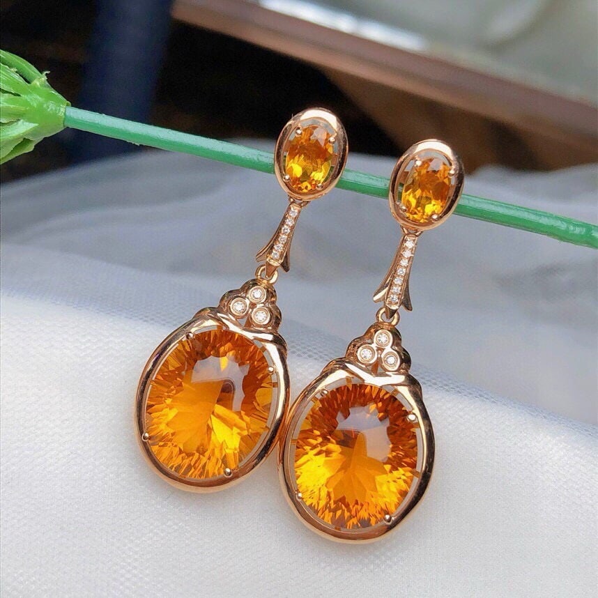14k Gold 13.20 Ct Natural Citrine & Diamond Earrings - 2