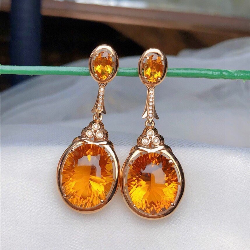 14k Gold 13.20 Ct Natural Citrine & Diamond Earrings - 3