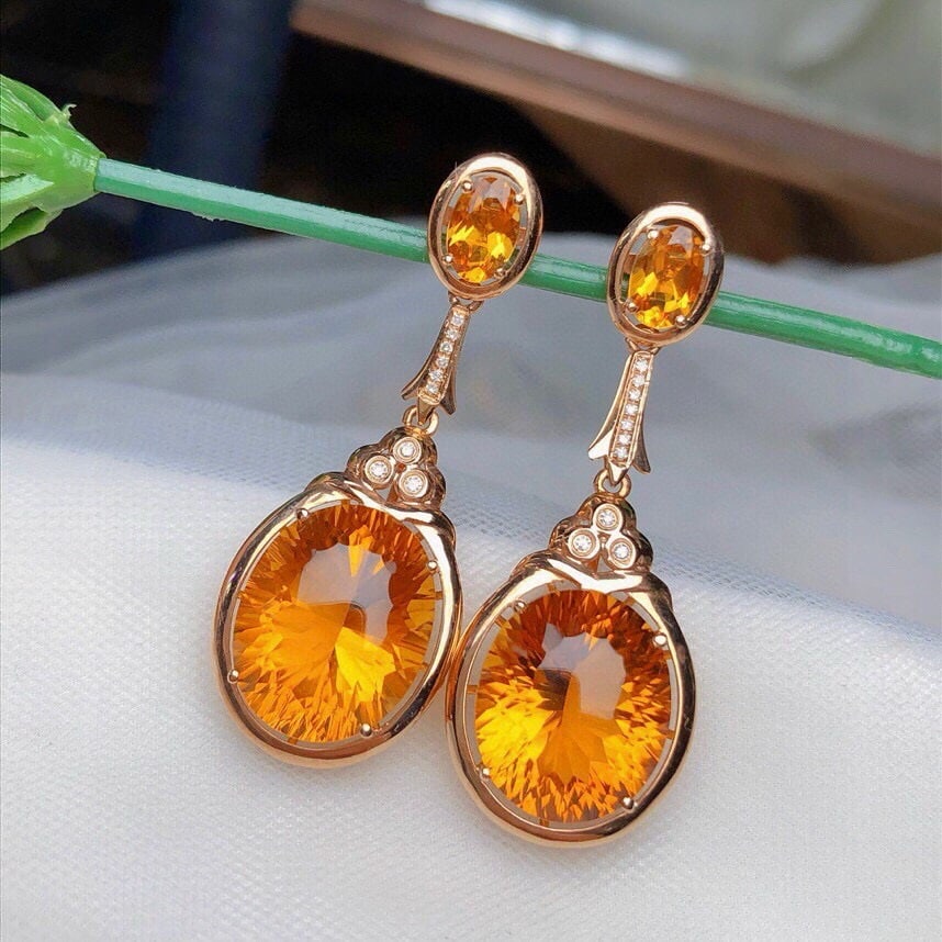 14k Gold 13.20 Ct Natural Citrine & Diamond Earrings - 4