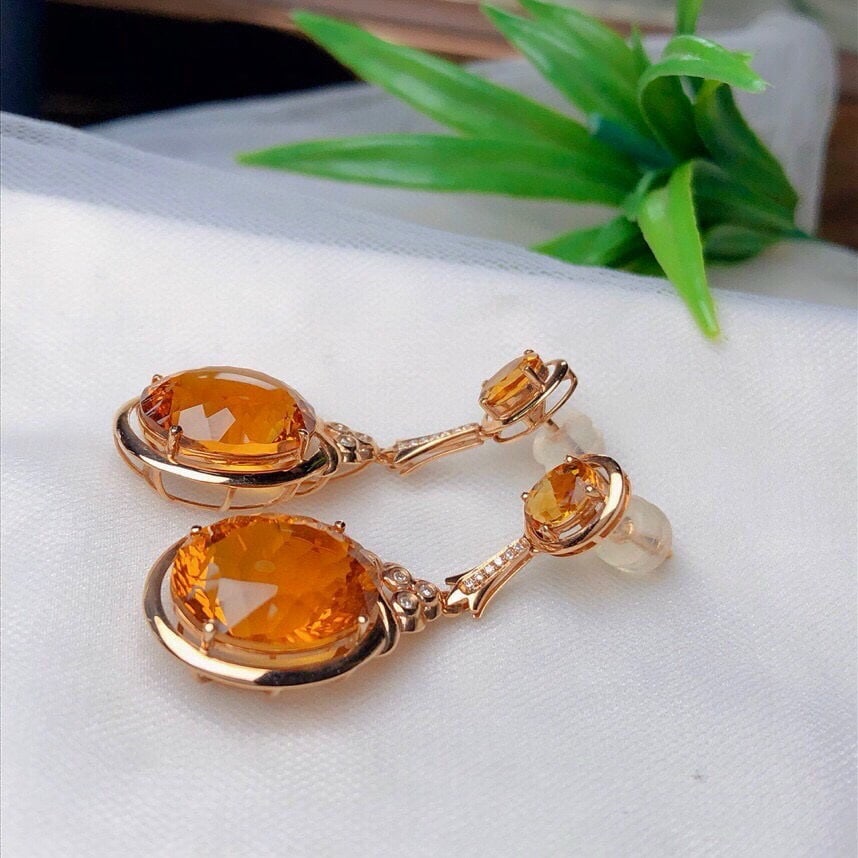 14k Gold 13.20 Ct Natural Citrine & Diamond Earrings - 5