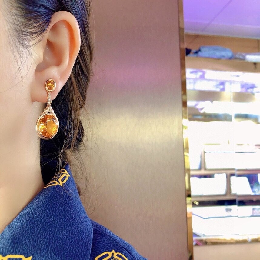 14k Gold 13.20 Ct Natural Citrine & Diamond Earrings - 6