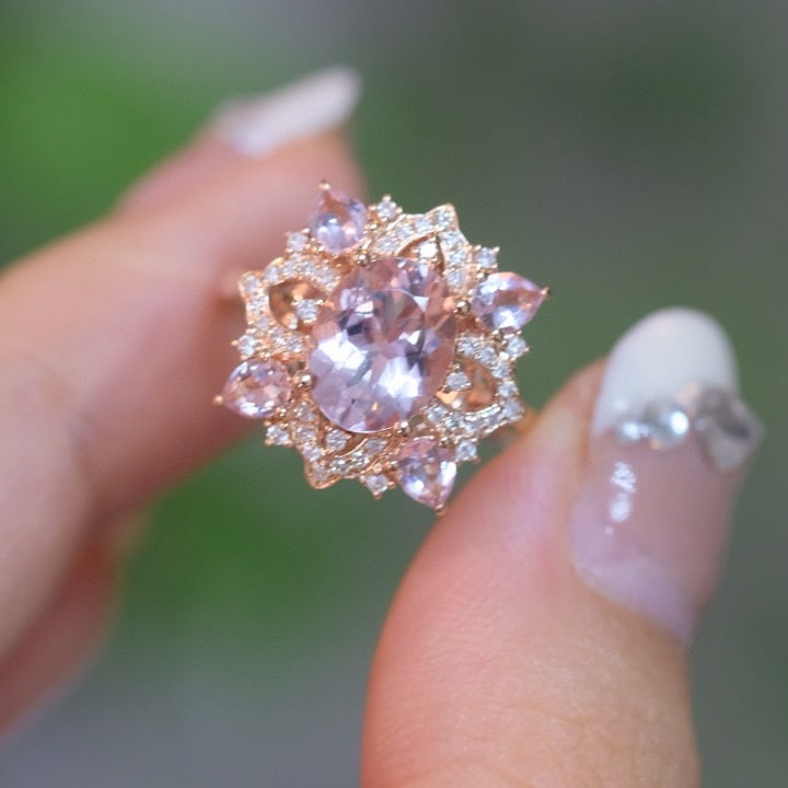 14k Gold 1.33 Ct Natural Morganite & Diamond Ring - 4