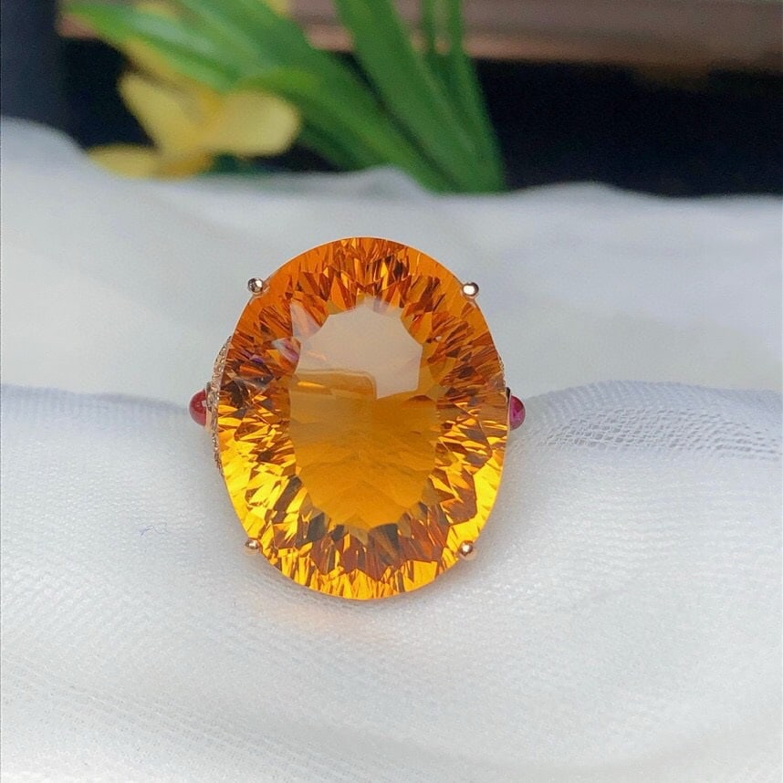 14k Gold 20.70 Ct Natural Citrine & Diamond Ring - 2
