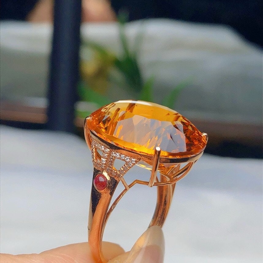 14k Gold 20.70 Ct Natural Citrine & Diamond Ring - 5