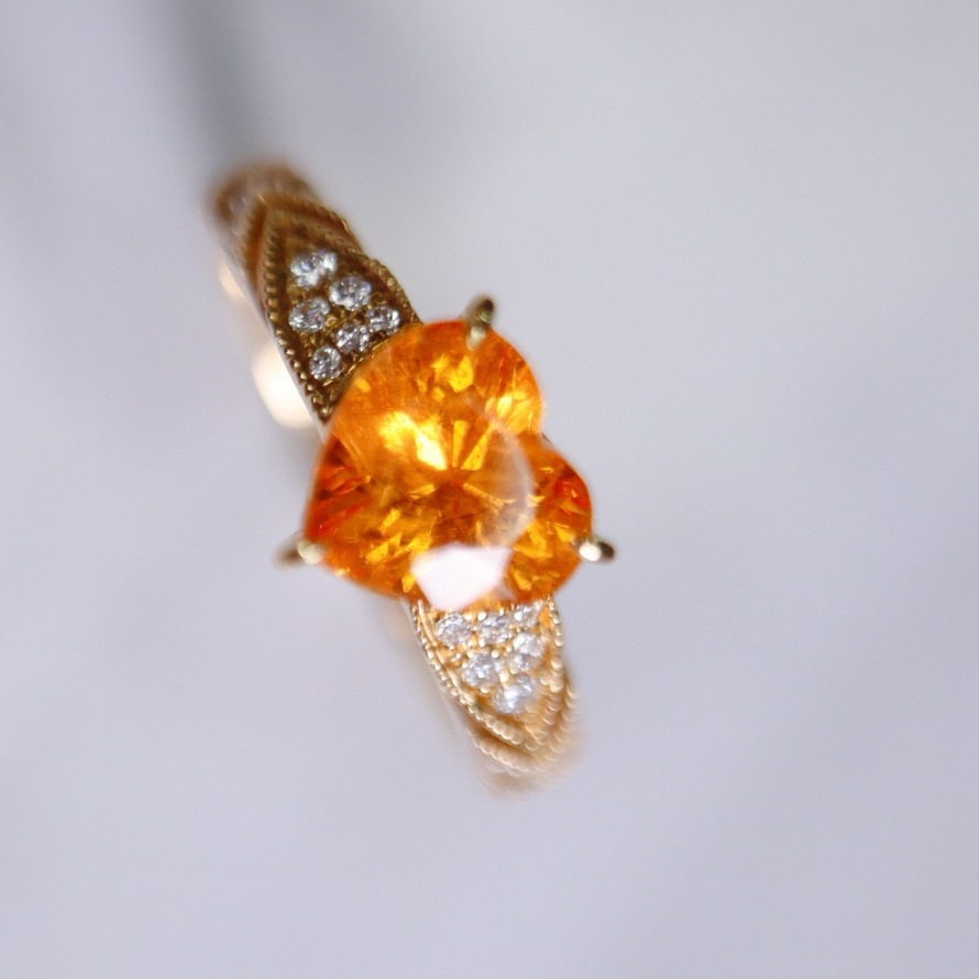 14k Gold 1.89 Ctw Natural Spessartine & Diamond Ring: Ref:230975146 // gold content:14k gold // ring size:7. 25us // // main gemstone:spessartine // shape:heart // carat weight:1. 75ct // color:orange // treatment:natural // // adjacent gemstone 2 : diam