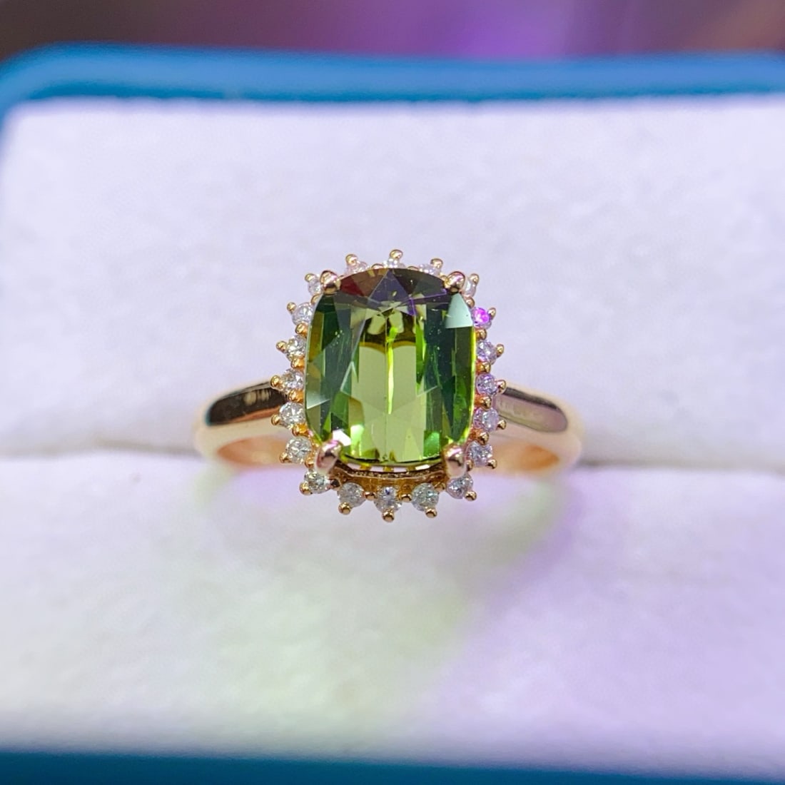 14k Gold 2.4 Ctw Natural Tourmaline & Diamond Ring: Ref:230975199 // gold content:14k gold // ring size:7. 25us // // main gemstone:tourmaline // shape:cushion // carat weight:2. 2ct // color:green // treatment:natural // // adjacent gemstone 2 : diamo