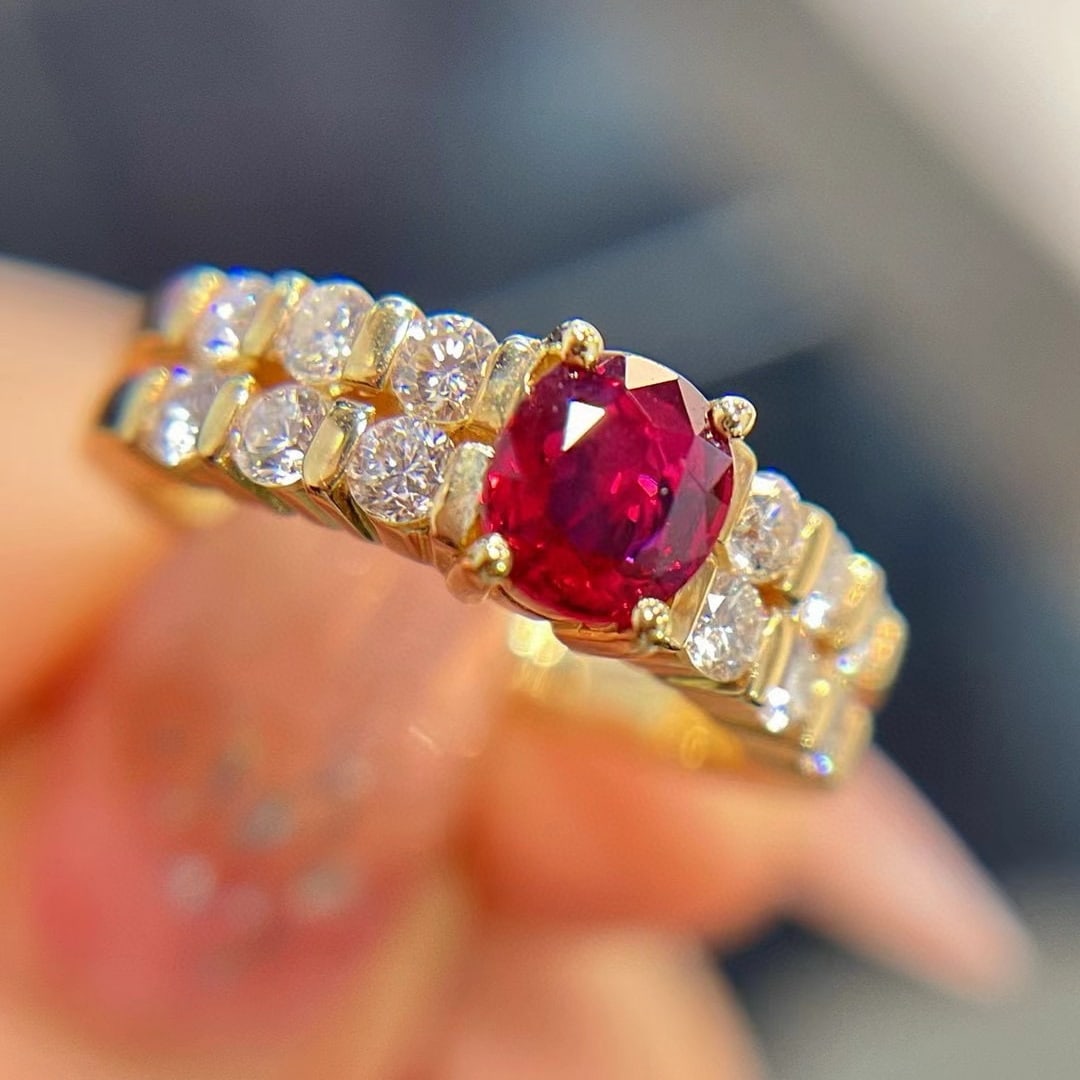 14k Gold 1.26 Ctw Natural Ruby & Diamond Ring: Ref:230975220 // gold content:14k gold // ring size:7. 25us // // main gemstone:ruby // shape:oval // carat weight:0. 63ct // color:red // treatment:natural // // adjacent gemstone 2 : diamond //