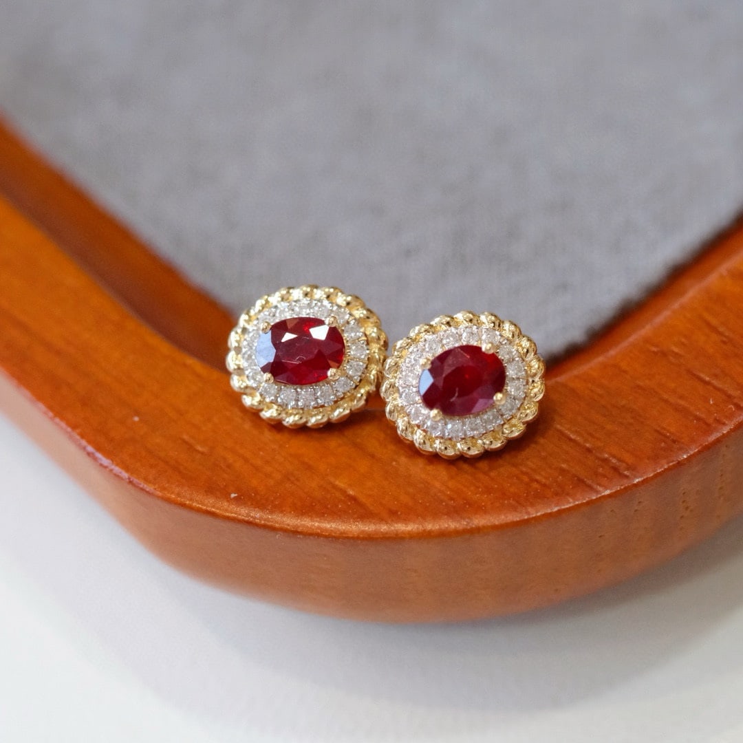 14k Gold 0.55 Ct Natural Ruby & Diamond Earrings - 2