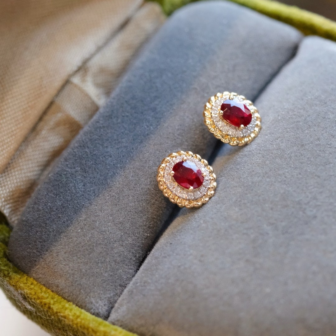 14k Gold 0.55 Ct Natural Ruby & Diamond Earrings - 4