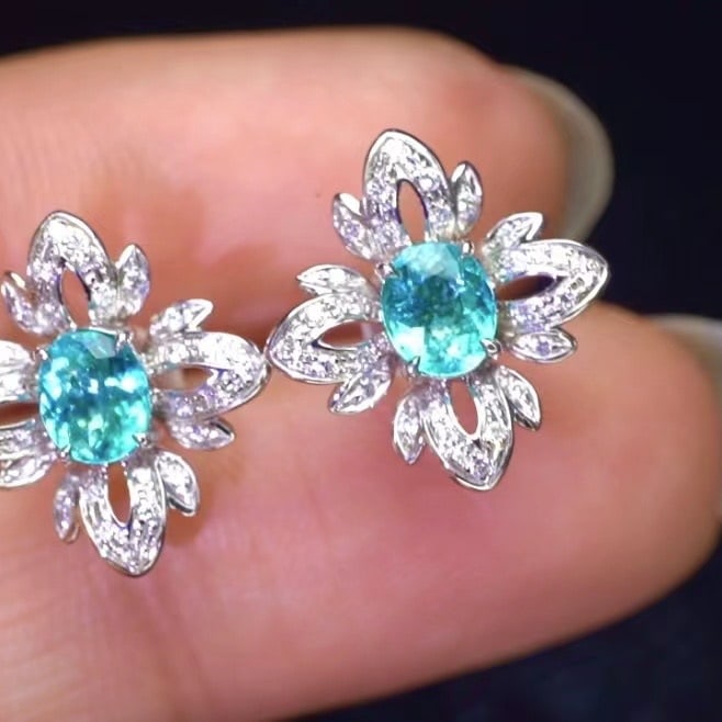 14k Gold 0.98 Ct Natural Paraiba Tourmaline & Diamond Earrings - 2