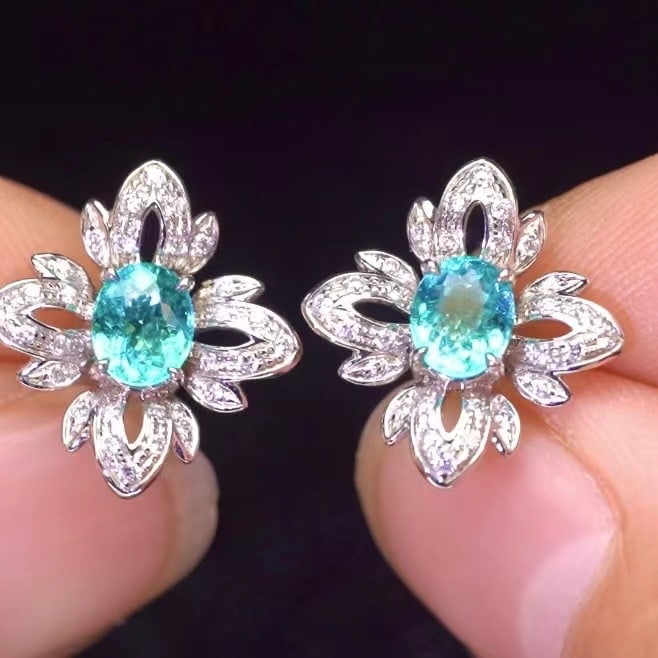 14k Gold 0.98 Ct Natural Paraiba Tourmaline & Diamond Earrings - 3