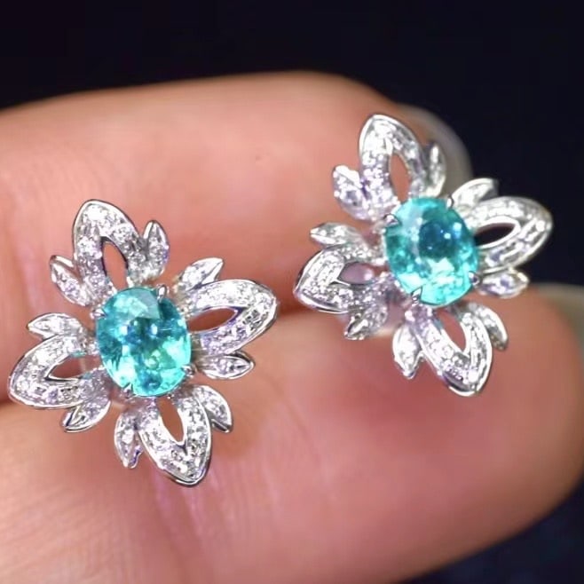 14k Gold 0.98 Ct Natural Paraiba Tourmaline & Diamond Earrings - 4