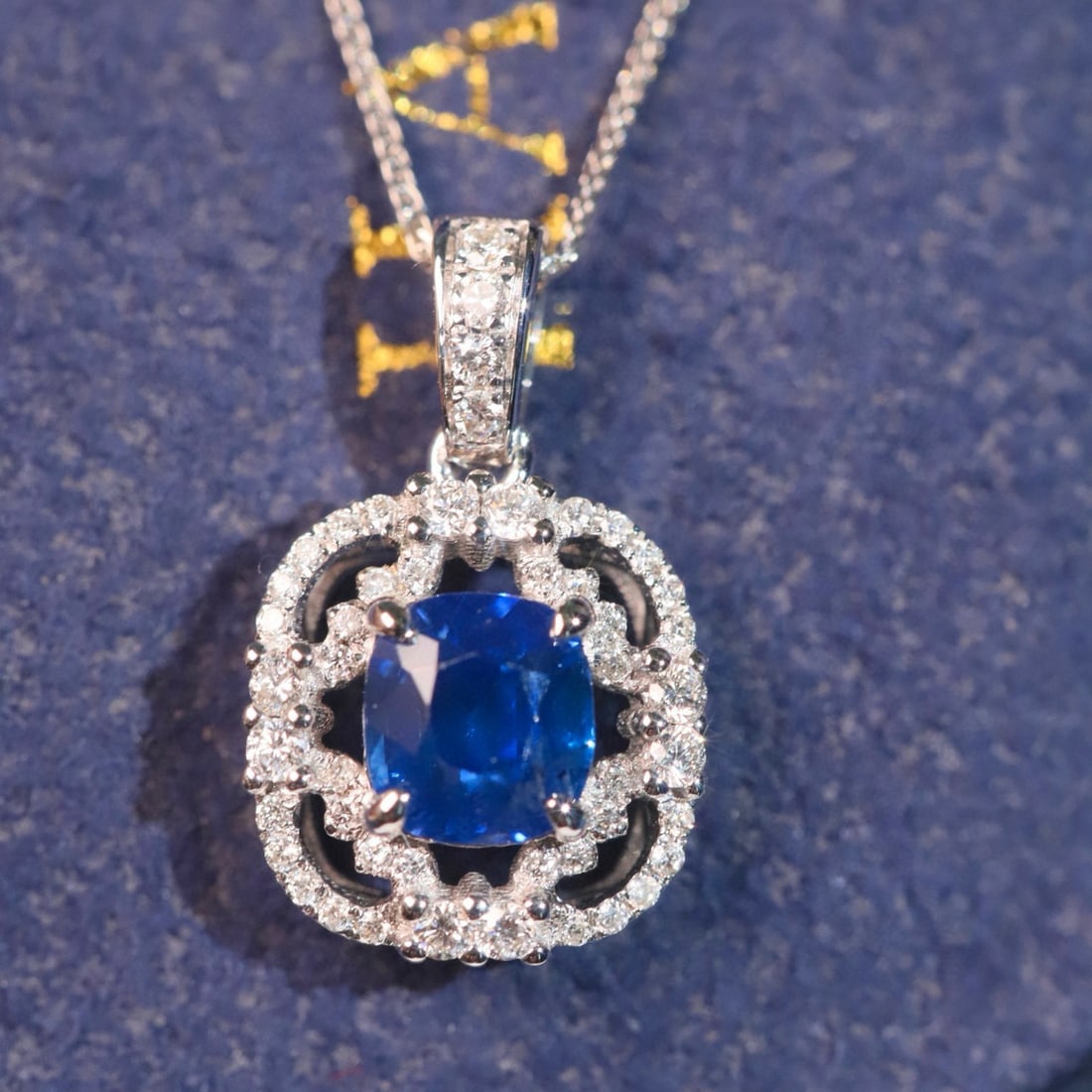 14k Gold 1.28 Ctw Natural Sapphire & Diamond Pendant( Without Chain ): Ref:230975240 // gold content:14k gold // main gemstone:sapphire // shape:cushion // carat weight:1. 11ct // color:royal blue // treatment:natural // // adjacent gemstone 2 : diamond // shape:round //