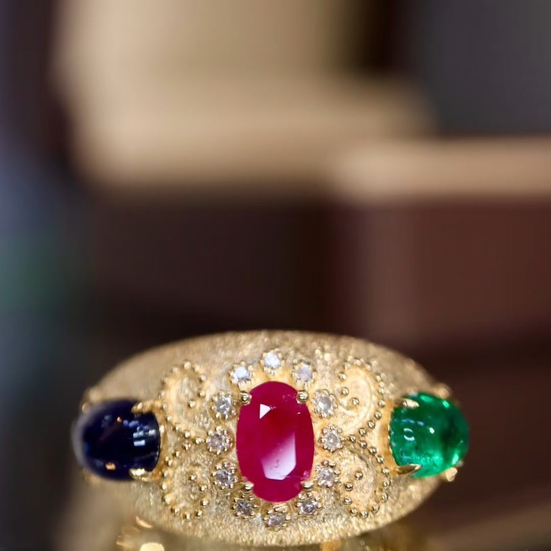 14k Gold 1.95 Ctw Natural Ruby & Sapphire & Emerald & Diamond Ring: Ref:230976022 // gold content:14k gold // ring size:7. 25us // // main gemstone:ruby & sapphire & emerald // shape:oval // carat weight:1. 9ct // color:red & blue & green // treatment:natural // //