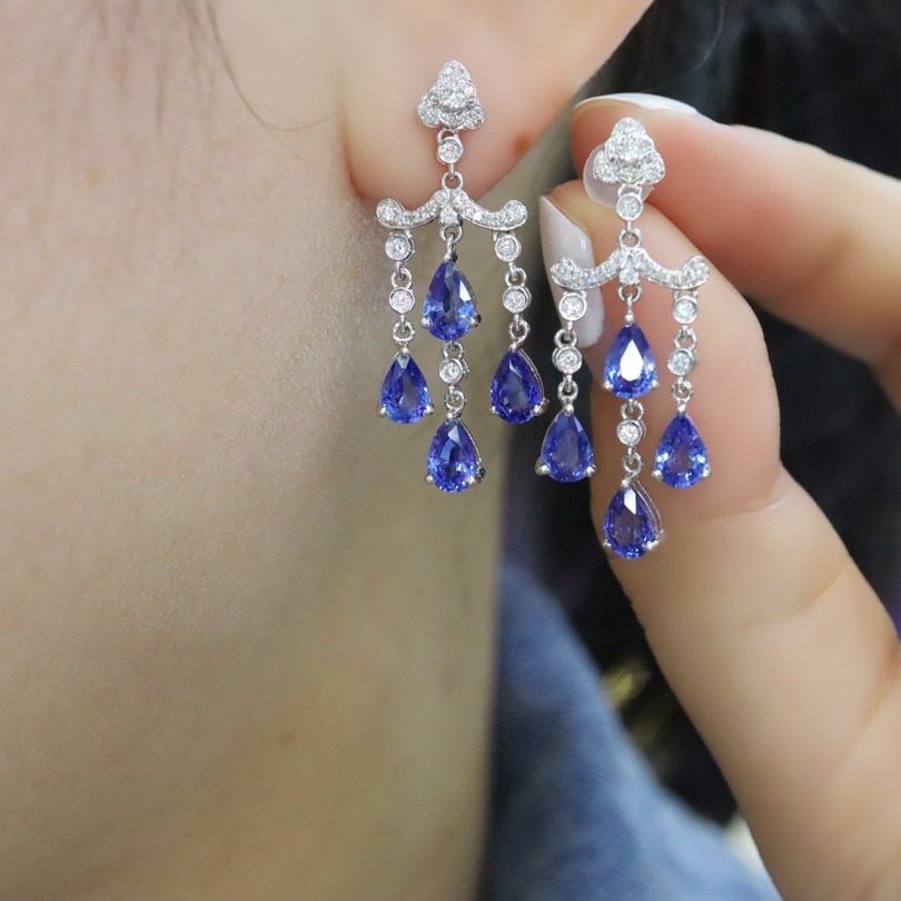 14k Gold 4.47 Ctw Natural Sapphire & Diamond Earrings - 5