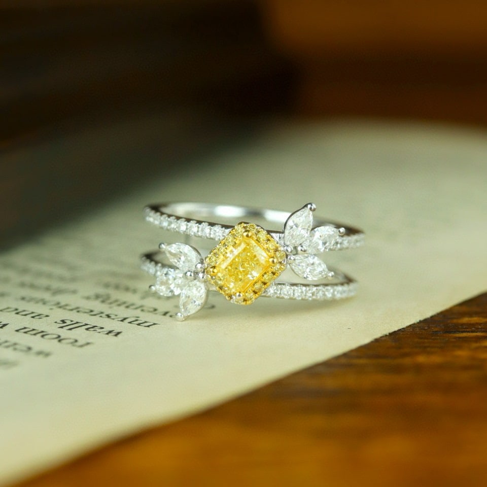14k Gold 0.89 Ctw Natural Yellow Diamond & Diamond Ring: Ref:230976041 // gold content:14k gold // ring size:7. 25us // // main gemstone:yellow diamond // shape:cushion // carat weight:0. 30ct // color:yellow // treatment:natural // // adjacent gemstone 2
