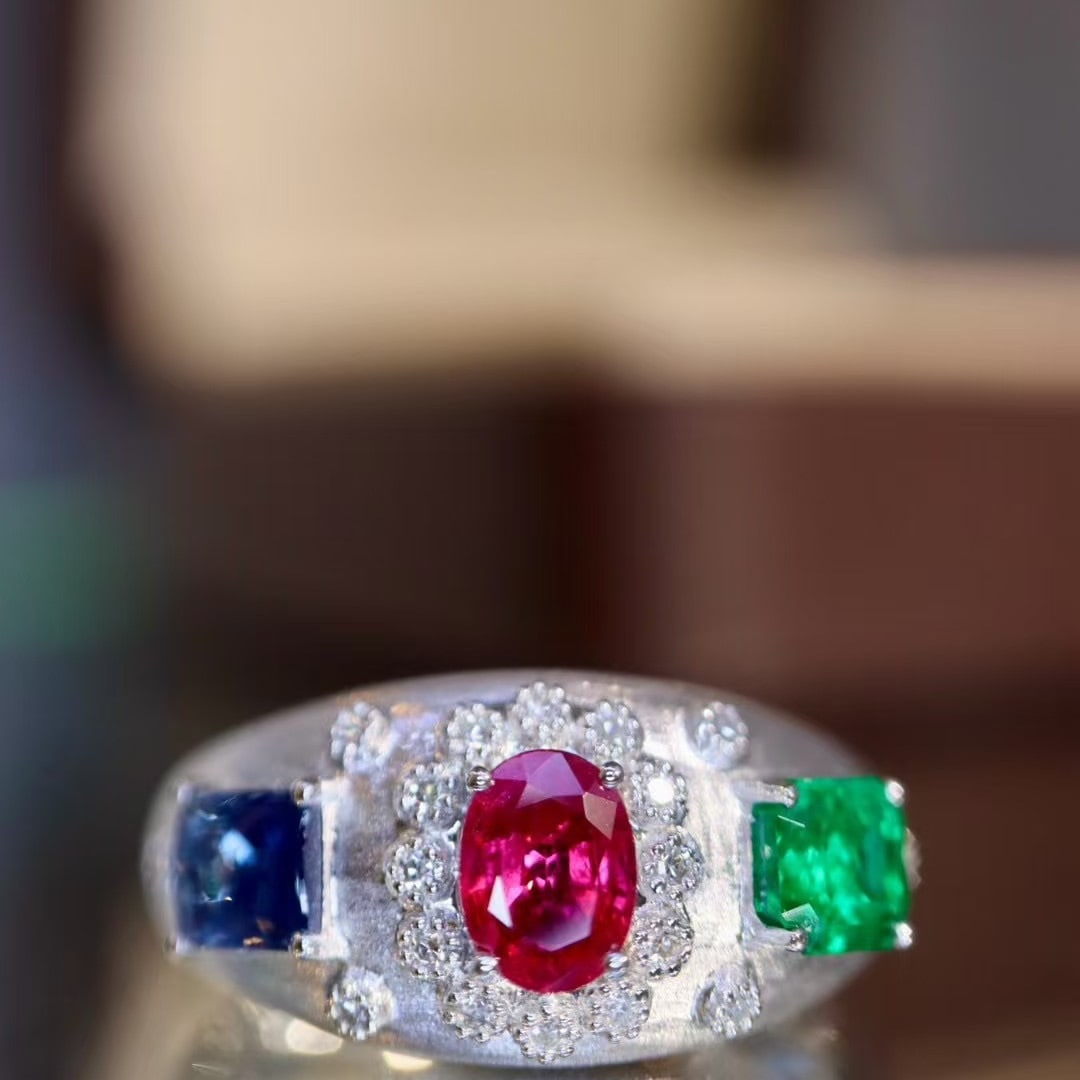 14k Gold 1.34 Ctw Natural Ruby & Sapphire & Emerald & Diamond Ring: Ref:230976051 // gold content:14k gold // ring size:7. 25us // // main gemstone:ruby & sapphire & emerald // shape:multiply // carat weight:1. 30ct // color:red & blue & green // treatment:natural //
