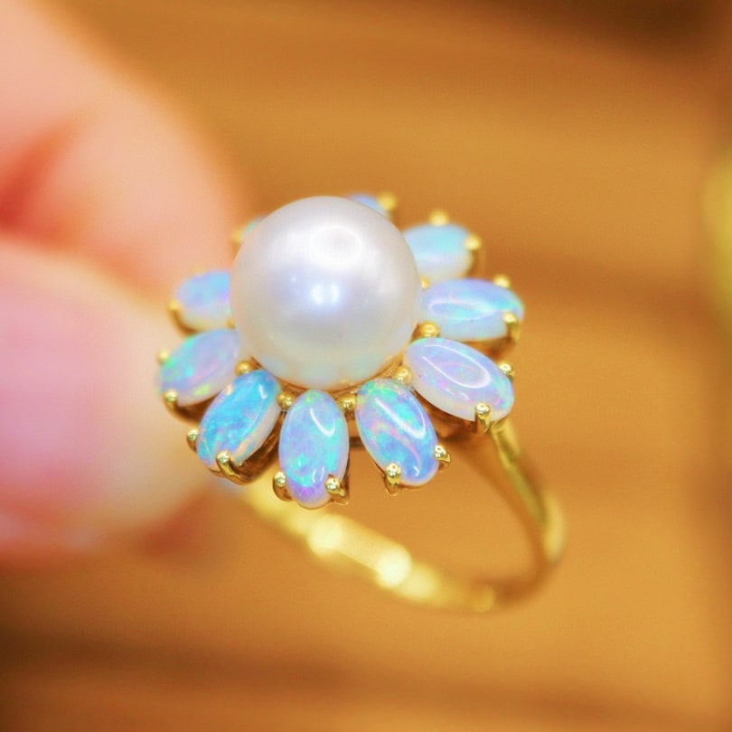 14k Gold 1.62 Ct Natural Opal & Pearl Ring - 3