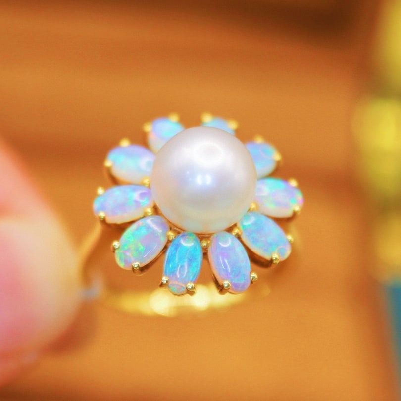 14k Gold 1.62 Ct Natural Opal & Pearl Ring - 4