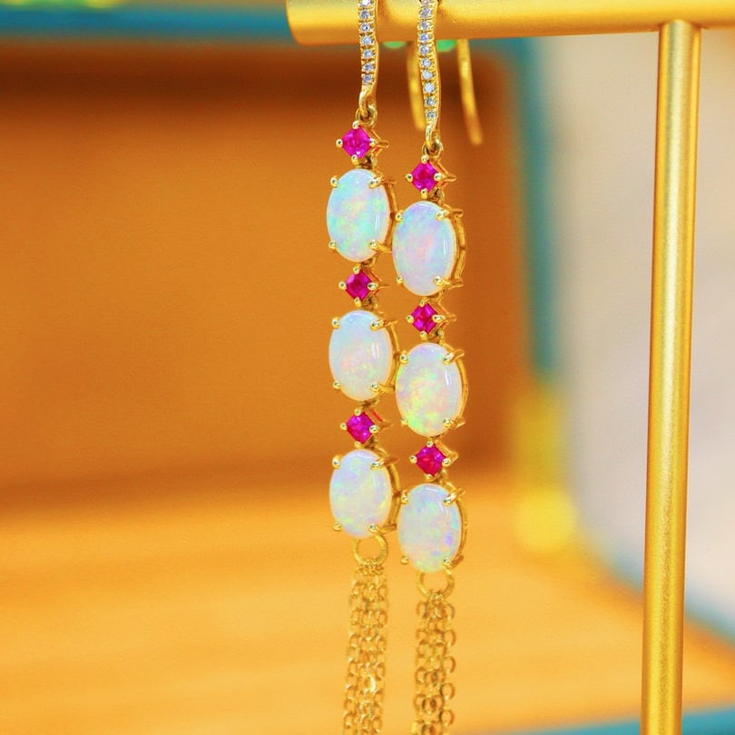 14k Gold 2.41 Ctw Natural Opal & Diamond Earrings - 6