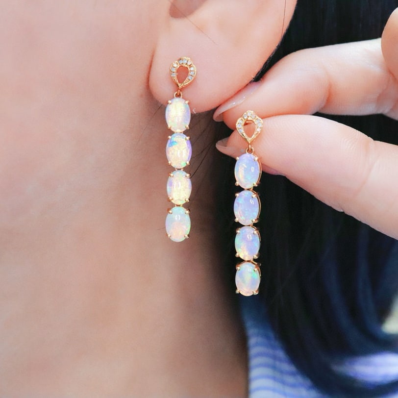 14k Gold 3.41 Ctw Natural Opal & Diamond Earrings - 4