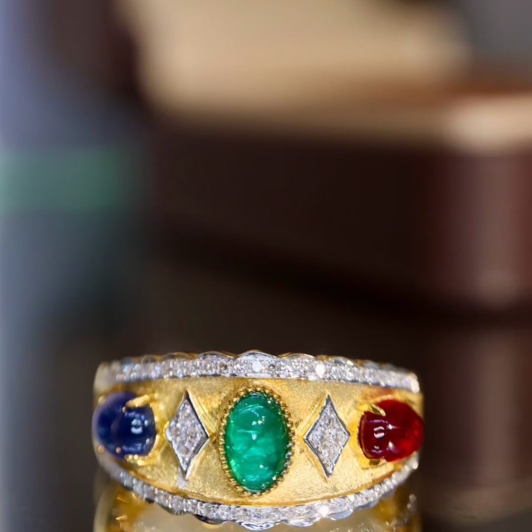 14k Gold 1.5 Ctw Natural Emerald & Ruby & Sapphire & Diamond Ring: Ref:230976133 // gold content:14k gold // ring size:7. 25us // // main gemstone:emerald & ruby & sapphire // shape:oval // carat weight:1. 4ct // color:green & red & blue // treatment:natural // // ad