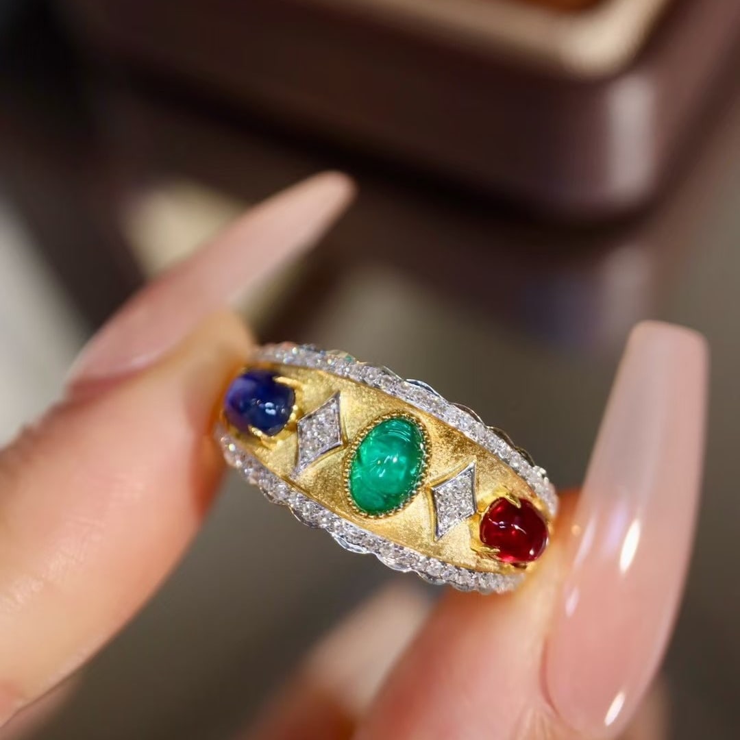 14k Gold 1.5 Ctw Natural Emerald & Ruby & Sapphire & Diamond Ring - 5