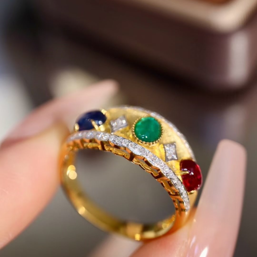 14k Gold 1.5 Ctw Natural Emerald & Ruby & Sapphire & Diamond Ring - 6