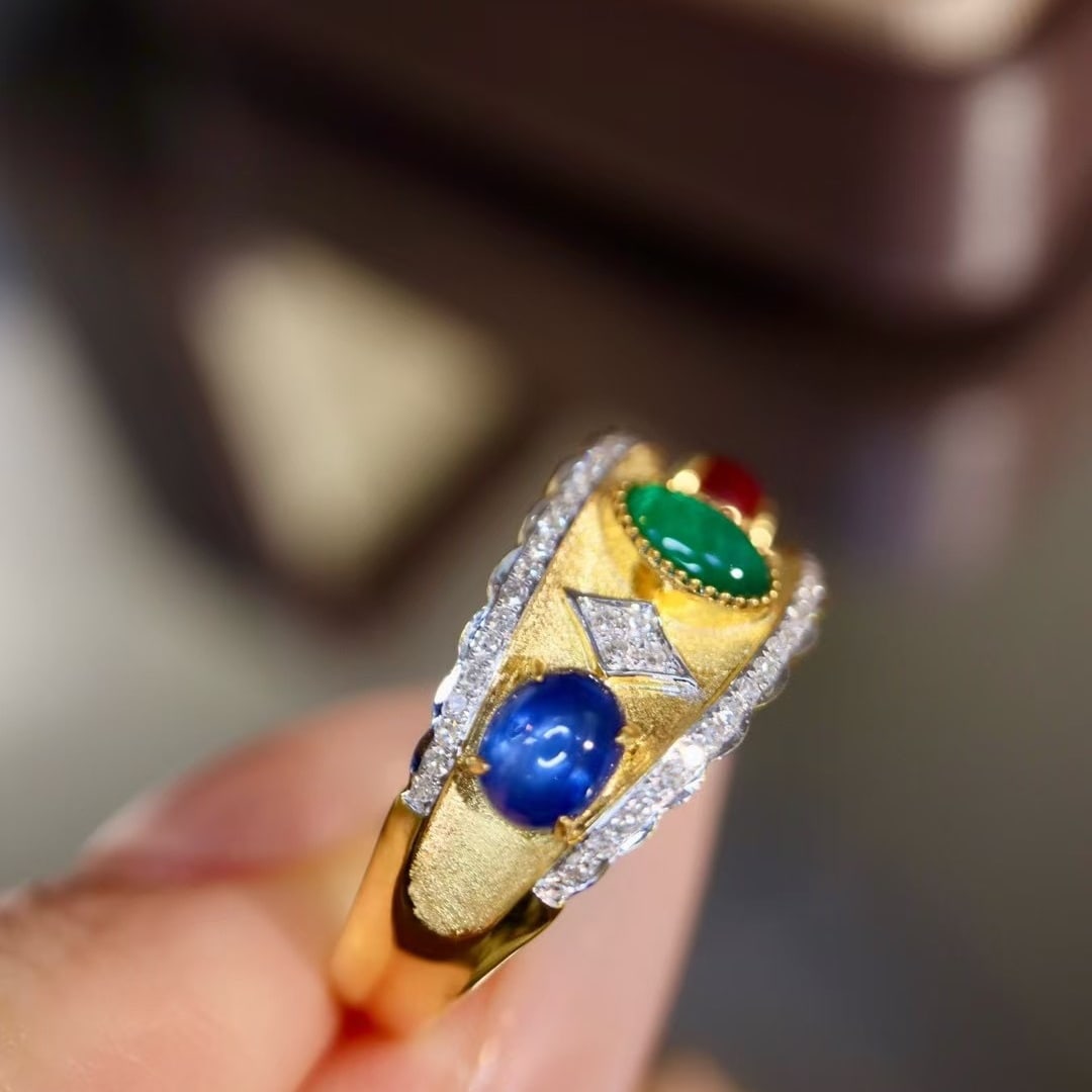 14k Gold 1.5 Ctw Natural Emerald & Ruby & Sapphire & Diamond Ring - 7