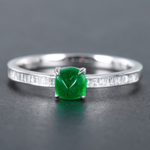 14k Gold 0.75 Ctw Vivid Green Natural Emerald & Diamond Ring: Ref:230976193 // gold content:14k gold // ring size:7. 25us // // main gemstone:emerald // shape:suger-loaf // carat weight:0. 6ct // color:vivid green // treatment:natural // // adjacent gemstone 2